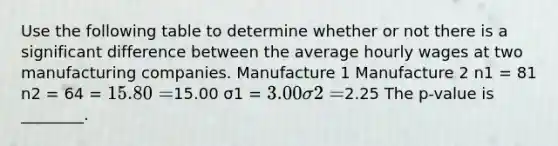 Use the following table to determine whether or not there is a significant difference between the average hourly wages at two manufacturing companies. Manufacture 1 Manufacture 2 n1 = 81 n2 = 64 = 15.80 =15.00 σ1 = 3.00 σ2 =2.25 The p-value is ________.