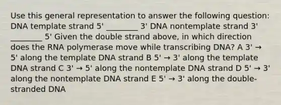 Use this general representation to answer the following question: DNA template strand 5' ________ 3' DNA nontemplate strand 3' ________ 5' Given the double strand above, in which direction does the RNA polymerase move while transcribing DNA? A 3' → 5' along the template DNA strand B 5' → 3' along the template DNA strand C 3' → 5' along the nontemplate DNA strand D 5' → 3' along the nontemplate DNA strand E 5' → 3' along the double-stranded DNA