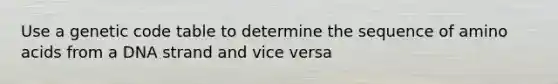 Use a genetic code table to determine the sequence of amino acids from a DNA strand and vice versa