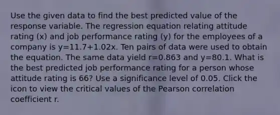 Use the given data to find the best predicted value of the response variable. The regression equation relating attitude rating​ (x) and job performance rating​ (y) for the employees of a company is y=11.7+1.02x. Ten pairs of data were used to obtain the equation. The same data yield r=0.863 and y=80.1. What is the best predicted job performance rating for a person whose attitude rating is 66​? Use a significance level of 0.05. Click the icon to view the critical values of the Pearson correlation coefficient r.