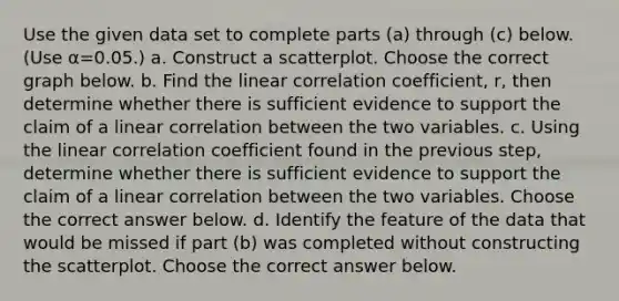 Use the given data set to complete parts​ (a) through​ (c) below.​ (Use α=​0.05.) a. Construct a scatterplot. Choose the correct graph below. b. Find the linear correlation​ coefficient, r, then determine whether there is sufficient evidence to support the claim of a linear correlation between the two variables. c. Using the linear correlation coefficient found in the previous​ step, determine whether there is sufficient evidence to support the claim of a linear correlation between the two variables. Choose the correct answer below. d. Identify the feature of the data that would be missed if part​ (b) was completed without constructing the scatterplot. Choose the correct answer below.