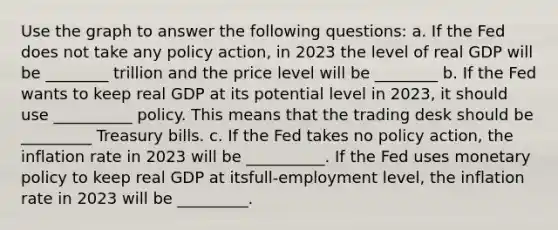 Use the graph to answer the following​ questions: a. If the Fed does not take any policy​ action, in 2023 the level of real GDP will be ​________ trillion ​and the price level will be ________ b. If the Fed wants to keep real GDP at its potential level in​ 2023, it should use __________ policy. This means that the trading desk should be _________ Treasury bills. c. If the Fed takes no policy​ action, the inflation rate in 2023 will be __________. If the Fed uses monetary policy to keep real GDP at its​full-employment level, the inflation rate in 2023 will be _________.