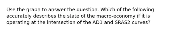 Use the graph to answer the question. Which of the following accurately describes the state of the macro-economy if it is operating at the intersection of the AD1 and SRAS2 curves?