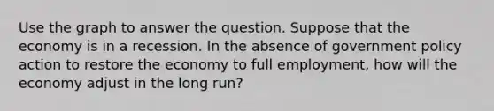 Use the graph to answer the question. Suppose that the economy is in a recession. In the absence of government policy action to restore the economy to full employment, how will the economy adjust in the long run?