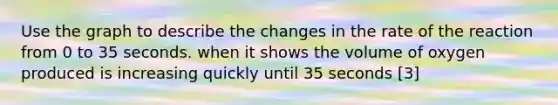 Use the graph to describe the changes in the rate of the reaction from 0 to 35 seconds. when it shows the volume of oxygen produced is increasing quickly until 35 seconds [3]