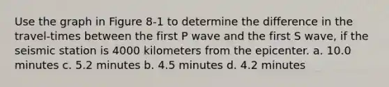 Use the graph in Figure 8-1 to determine the difference in the travel-times between the first P wave and the first S wave, if the seismic station is 4000 kilometers from the epicenter. a. 10.0 minutes c. 5.2 minutes b. 4.5 minutes d. 4.2 minutes