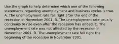 Use the graph to help determine which one of the following statements regarding unemployment and business cycles is true. A. The unemployment rate fell right after the end of the recession in November 2001. B. The unemployment rate usually continues to rise even after the recession has ended. C. The unemployment rate was not affected by the recession in November 2001. D. The unemployment rate fell right the beginning of the recession in November 2001.