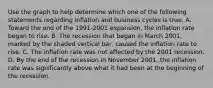 Use the graph to help determine which one of the following statements regarding inflation and business cycles is true. A. Toward the end of the​ 1991-2001 expansion, the inflation rate began to rise. B. The recession that began in March​ 2001, marked by the shaded vertical​ bar, caused the inflation rate to rise. C. The inflation rate was not affected by the 2001 recession. D. By the end of the recession in November​ 2001, the inflation rate was significantly above what it had been at the beginning of the recession.