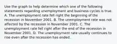 Use the graph to help determine which one of the following statements regarding unemployment and business cycles is true. A. The unemployment rate fell right the beginning of the recession in November 2001. B. The unemployment rate was not affected by the recession in November 2001. C. The unemployment rate fell right after the end of the recession in November 2001. D. The unemployment rate usually continues to rise even after the recession has ended.