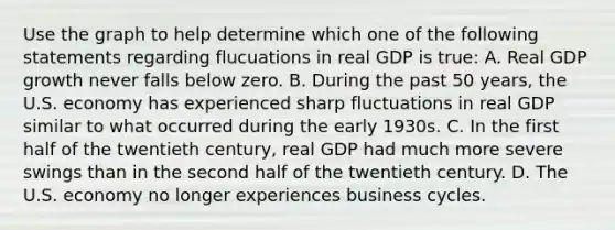 Use the graph to help determine which one of the following statements regarding flucuations in real GDP is​ true: A. Real GDP growth never falls below zero. B. During the past 50​ years, the U.S. economy has experienced sharp fluctuations in real GDP similar to what occurred during the early 1930s. C. In the first half of the twentieth​ century, real GDP had much more severe swings than in the second half of the twentieth century. D. The U.S. economy no longer experiences business cycles.