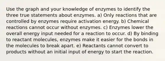 Use the graph and your knowledge of enzymes to identify the three true statements about enzymes. a) Only reactions that are controlled by enzymes require activation energy. b) Chemical reactions cannot occur without enzymes. c) Enzymes lower the overall energy input needed for a reaction to occur. d) By binding to reactant molecules, enzymes make it easier for the bonds in the molecules to break apart. e) Reactants cannot convert to products without an initial input of energy to start the reaction.