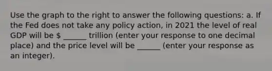 Use the graph to the right to answer the following​ questions: a. If the Fed does not take any policy​ action, in 2021 the level of real GDP will be ​ ______ trillion ​(enter your response to one decimal​ place) and the price level will be ______ ​(enter your response as an​ integer).