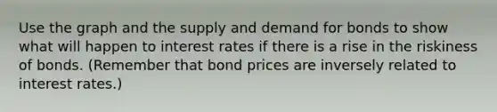 Use the graph and the supply and demand for bonds to show what will happen to interest rates if there is a rise in the riskiness of bonds. ​(Remember that bond prices are inversely related to interest​ rates.)