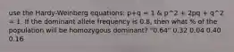 use the Hardy-Weinberg equations: p+q = 1 & p^2 + 2pq + q^2 = 1. If the dominant allele frequency is 0.8, then what % of the population will be homozygous dominant? "0.64" 0.32 0.04 0.40 0.16