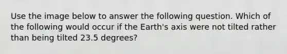 Use the image below to answer the following question. Which of the following would occur if the Earth's axis were not tilted rather than being tilted 23.5 degrees?