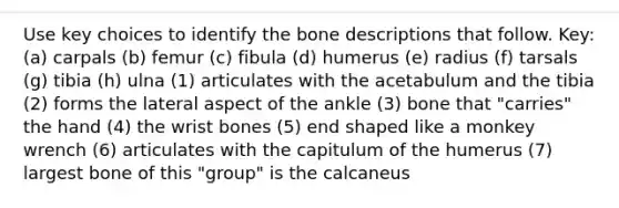 Use key choices to identify the bone descriptions that follow. Key: (a) carpals (b) femur (c) fibula (d) humerus (e) radius (f) tarsals (g) tibia (h) ulna (1) articulates with the acetabulum and the tibia (2) forms the lateral aspect of the ankle (3) bone that "carries" the hand (4) the wrist bones (5) end shaped like a monkey wrench (6) articulates with the capitulum of the humerus (7) largest bone of this "group" is the calcaneus