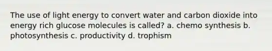 The use of light energy to convert water and carbon dioxide into energy rich glucose molecules is called? a. chemo synthesis b. photosynthesis c. productivity d. trophism