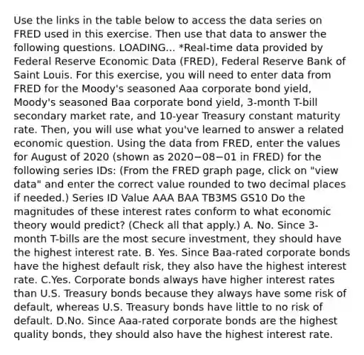 Use the links in the table below to access the data series on FRED used in this exercise. Then use that data to answer the following questions. LOADING... ​*Real-time data provided by Federal Reserve Economic Data​ (FRED), Federal Reserve Bank of Saint Louis. For this​ exercise, you will need to enter data from FRED for the​ Moody's seasoned Aaa corporate bond​ yield, Moody's seasoned Baa corporate bond​ yield, 3-month​ T-bill secondary market​ rate, and​ 10-year Treasury constant maturity rate.​ Then, you will use what​ you've learned to answer a related economic question. Using the data from​ FRED, enter the values for August of 2020 ​(shown as 2020−08−01 in​ FRED) for the following series​ IDs: ​(From the FRED graph​ page, click on​ "view data" and enter the correct value rounded to two decimal places if​ needed.) Series ID Value AAA BAA TB3MS GS10 Do the magnitudes of these interest rates conform to what economic theory would​ predict? ​(Check all that​ apply.) A. No. Since​ 3-month T-bills are the most secure​ investment, they should have the highest interest rate. B. Yes. Since​ Baa-rated corporate bonds have the highest default​ risk, they also have the highest interest rate. C.Yes. Corporate bonds always have higher interest rates than U.S. Treasury bonds because they always have some risk of​ default, whereas U.S. Treasury bonds have little to no risk of default. D.No. Since​ Aaa-rated corporate bonds are the highest quality​ bonds, they should also have the highest interest rate.