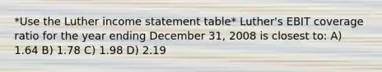 *Use the Luther income statement table* Luther's EBIT coverage ratio for the year ending December 31, 2008 is closest to: A) 1.64 B) 1.78 C) 1.98 D) 2.19