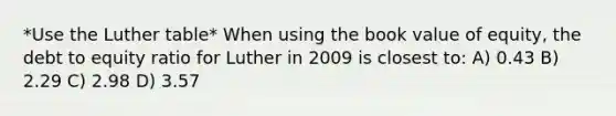*Use the Luther table* When using the book value of equity, the debt to equity ratio for Luther in 2009 is closest to: A) 0.43 B) 2.29 C) 2.98 D) 3.57