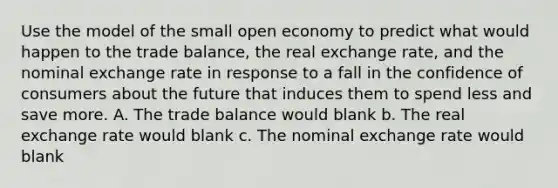 Use the model of the small open economy to predict what would happen to the trade balance, the real exchange rate, and the nominal exchange rate in response to a fall in the confidence of consumers about the future that induces them to spend less and save more. A. The trade balance would blank b. The real exchange rate would blank c. The nominal exchange rate would blank