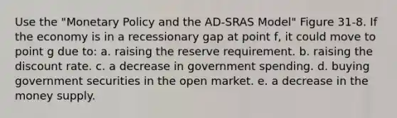 Use the "Monetary Policy and the AD-SRAS Model" Figure 31-8. If the economy is in a recessionary gap at point f, it could move to point g due to: a. raising the reserve requirement. b. raising the discount rate. c. a decrease in government spending. d. buying government securities in the open market. e. a decrease in the money supply.