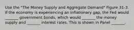 Use the "The Money Supply and Aggregate Demand" Figure 31-3. If the economy is experiencing an inflationary gap, the Fed would _______ government bonds, which would _______ the money supply and _______ interest rates. This is shown in Panel _______.