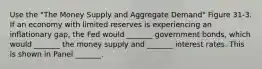 Use the "The Money Supply and Aggregate Demand" Figure 31-3. If an economy with limited reserves is experiencing an inflationary gap, the Fed would _______ government bonds, which would _______ the money supply and _______ interest rates. This is shown in Panel _______.