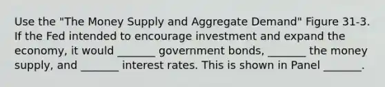 Use the "The Money Supply and Aggregate Demand" Figure 31-3. If the Fed intended to encourage investment and expand the economy, it would _______ government bonds, _______ the money supply, and _______ interest rates. This is shown in Panel _______.