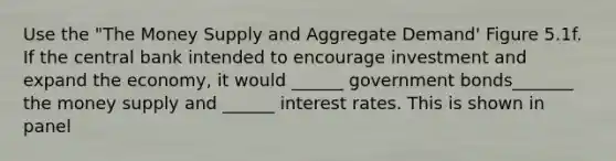 Use the "The Money Supply and Aggregate Demand' Figure 5.1f. If the central bank intended to encourage investment and expand the economy, it would ______ government bonds_______ the money supply and ______ interest rates. This is shown in panel