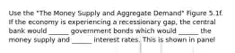 Use the "The Money Supply and Aggregate Demand" Figure 5.1f. If the economy is experiencing a recessionary gap, the central bank would ______ government bonds which would ______ the money supply and ______ interest rates. This is shown in panel