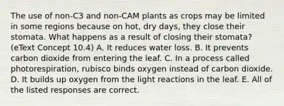 The use of non-C3 and non-CAM plants as crops may be limited in some regions because on hot, dry days, they close their stomata. What happens as a result of closing their stomata? (eText Concept 10.4) A. It reduces water loss. B. It prevents carbon dioxide from entering the leaf. C. In a process called photorespiration, rubisco binds oxygen instead of carbon dioxide. D. It builds up oxygen from the light reactions in the leaf. E. All of the listed responses are correct.