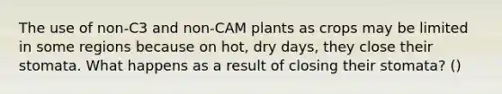 The use of non-C3 and non-CAM plants as crops may be limited in some regions because on hot, dry days, they close their stomata. What happens as a result of closing their stomata? ()