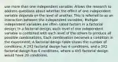 use more than one independent variable; Allows the research to address questions about whether the effect of one independent variable depends on the level of another. This is referred to as an interaction between the independent variables; Multiple independent variables are often called factors in a factorial design; In a factorial design, each level of one independent variable is combined with each level of the others to produce all possible combinations. Each combination becomes a condition in the experiment; A factorial design table shows the number of conditions. A 2X2 factorial design has 4 conditions, and a 3X2 factorial design has 6 conditions, where a 4X5 factorial design would have 20 conditions.