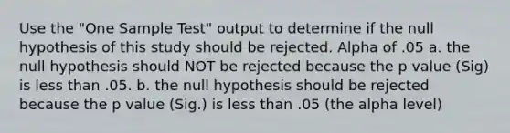 Use the "One Sample Test" output to determine if the null hypothesis of this study should be rejected. Alpha of .05 a. the null hypothesis should NOT be rejected because the p value (Sig) is <a href='https://www.questionai.com/knowledge/k7BtlYpAMX-less-than' class='anchor-knowledge'>less than</a> .05. b. the null hypothesis should be rejected because the p value (Sig.) is less than .05 (the alpha level)