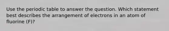 Use the periodic table to answer the question. Which statement best describes the arrangement of electrons in an atom of fluorine (F)?