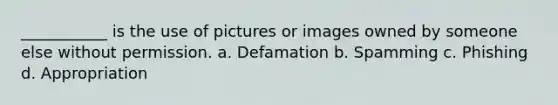 ___________ is the use of pictures or images owned by someone else without permission. a. Defamation b. Spamming c. Phishing d. Appropriation