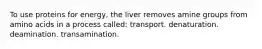 To use proteins for energy, the liver removes amine groups from amino acids in a process called: transport. denaturation. deamination. transamination.