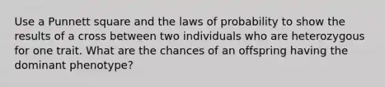 Use a Punnett square and the laws of probability to show the results of a cross between two individuals who are heterozygous for one trait. What are the chances of an offspring having the dominant phenotype?