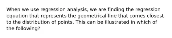 When we use regression analysis, we are finding the regression equation that represents the geometrical line that comes closest to the distribution of points. This can be illustrated in which of the following?