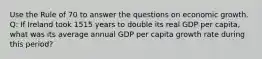 Use the Rule of 70 to answer the questions on economic growth. Q: If Ireland took 1515 years to double its real GDP per capita, what was its average annual GDP per capita growth rate during this period?