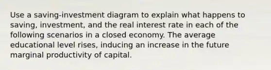 Use a saving-investment diagram to explain what happens to saving, investment, and the real interest rate in each of the following scenarios in a closed economy. The average educational level rises, inducing an increase in the future marginal productivity of capital.