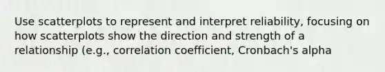 Use scatterplots to represent and interpret reliability, focusing on how scatterplots show the direction and strength of a relationship (e.g., correlation coefficient, Cronbach's alpha