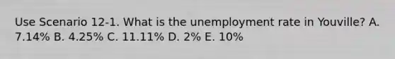 Use Scenario 12-1. What is the unemployment rate in Youville? A. 7.14% B. 4.25% C. 11.11% D. 2% E. 10%