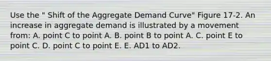 Use the " Shift of the Aggregate Demand Curve" Figure 17-2. An increase in aggregate demand is illustrated by a movement from: A. point C to point A. B. point B to point A. C. point E to point C. D. point C to point E. E. AD1 to AD2.