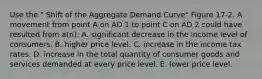 Use the " Shift of the Aggregate Demand Curve" Figure 17-2. A movement from point A on AD 1 to point C on AD 2 could have resulted from a(n): A. significant decrease in the income level of consumers. B. higher price level. C. increase in the income tax rates. D. increase in the total quantity of consumer goods and services demanded at every price level. E. lower price level.