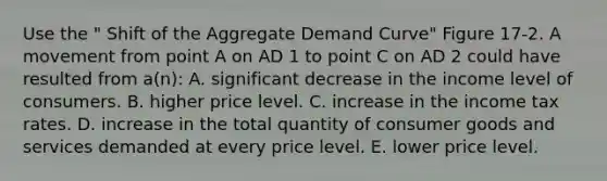 Use the " Shift of the Aggregate Demand Curve" Figure 17-2. A movement from point A on AD 1 to point C on AD 2 could have resulted from a(n): A. significant decrease in the income level of consumers. B. higher price level. C. increase in the income tax rates. D. increase in the total quantity of consumer goods and services demanded at every price level. E. lower price level.