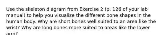 Use the skeleton diagram from Exercise 2 (p. 126 of your lab manual) to help you visualize the different bone shapes in the human body. Why are short bones well suited to an area like the wrist? Why are long bones more suited to areas like the lower arm?