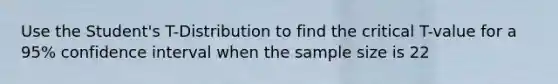 Use the Student's T-Distribution to find the critical T-value for a 95% confidence interval when the sample size is 22