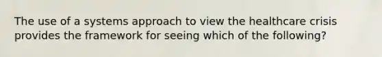 The use of a systems approach to view the healthcare crisis provides the framework for seeing which of the following?